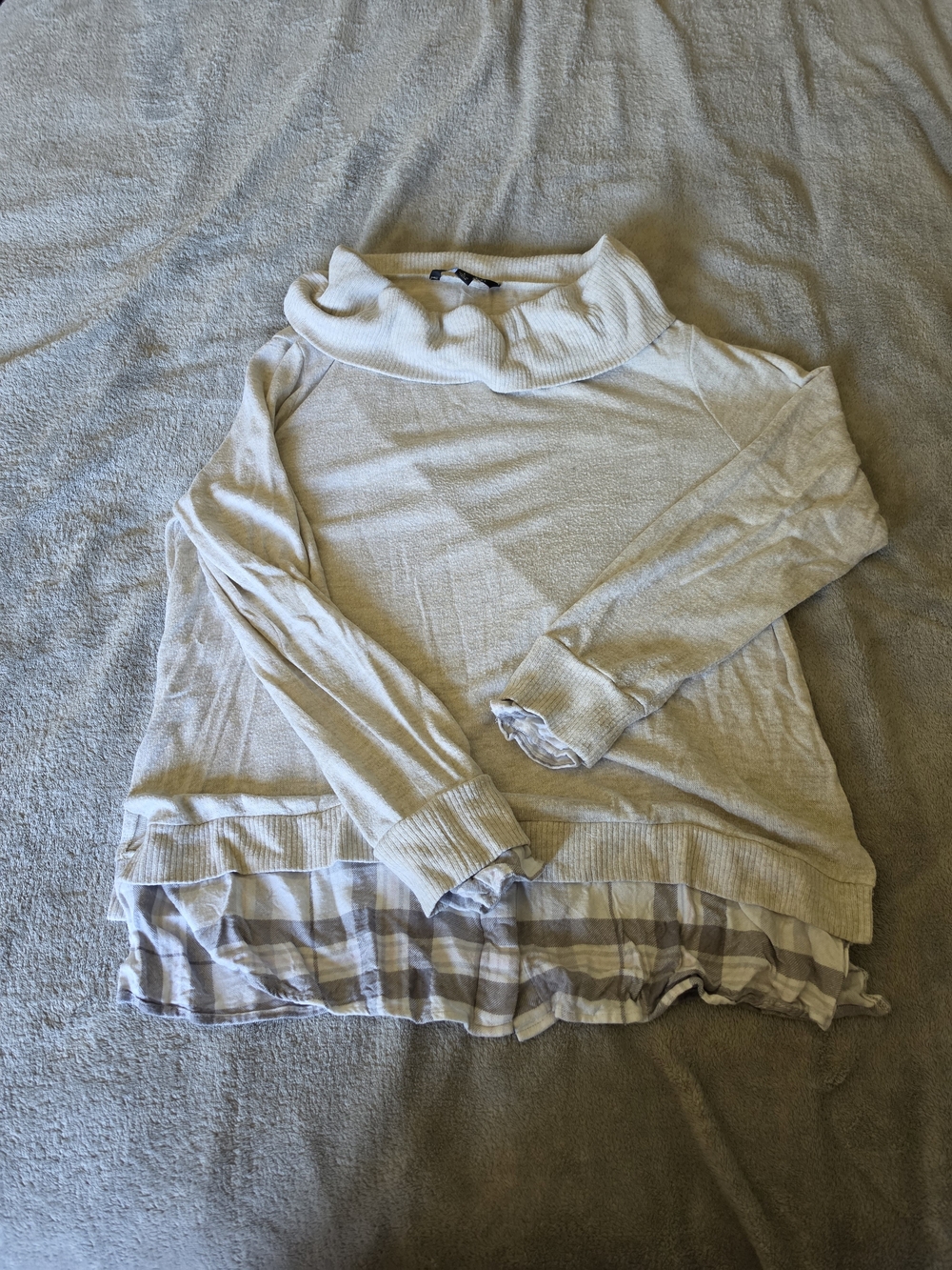 Zac & Rachel Cream Cowl-Neck Sweater with Plaid Layered Hem
